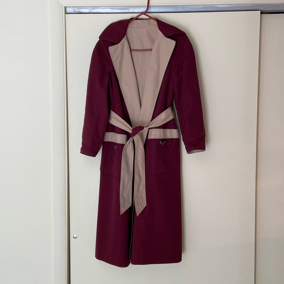 Vintage Etienne Aigner Reversible Burgundy Tan Trench Coat Belted Wrap Size 6 - Picture 4 of 16